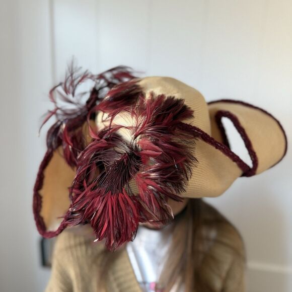 Mertize Millenery Accessories - VTG 50s 60s Derby Hat Handmade Straw Feathers Crochet Whimsigoth Boho Cottage